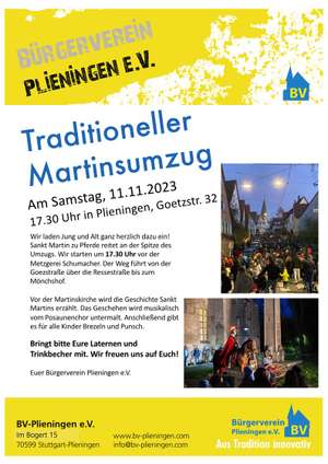 Martinsumzug am 11.11.2023, 17:30 Uhr in Plieningen - wir freuen uns über Euren Besuch!