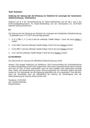Stadt Rutesheim: Änderung der Satzung über die Erhebung von Gebühren für Leistungen der Sozialstation (Gebührensatzung - Sozialstation)
