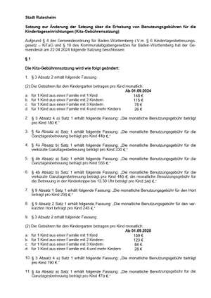 Stadt Rutesheim: Satzung zur Änderung der Satzung über die Erhebung von Benutzungsgebühren für die Kindertageseinrichtungen (Kita-Gebührensatzung)