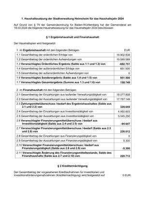 Haushaltssatzung und Bekanntmachung der Haushaltssatzung der Stadt Heimsheim
