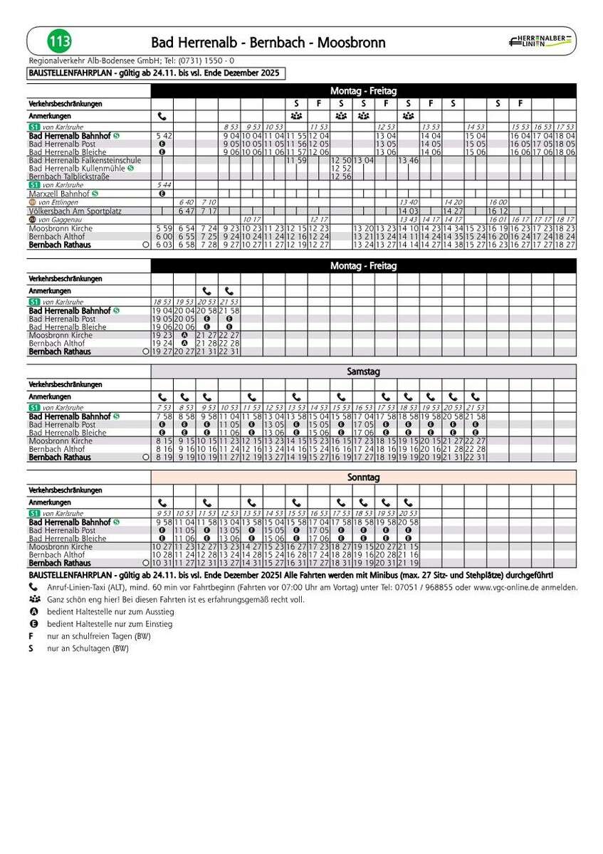 Plan Bus 113 Ratp Baustellenfahrplan Linie 113 ab 24. November | Stadt Bad Herrenalb ...