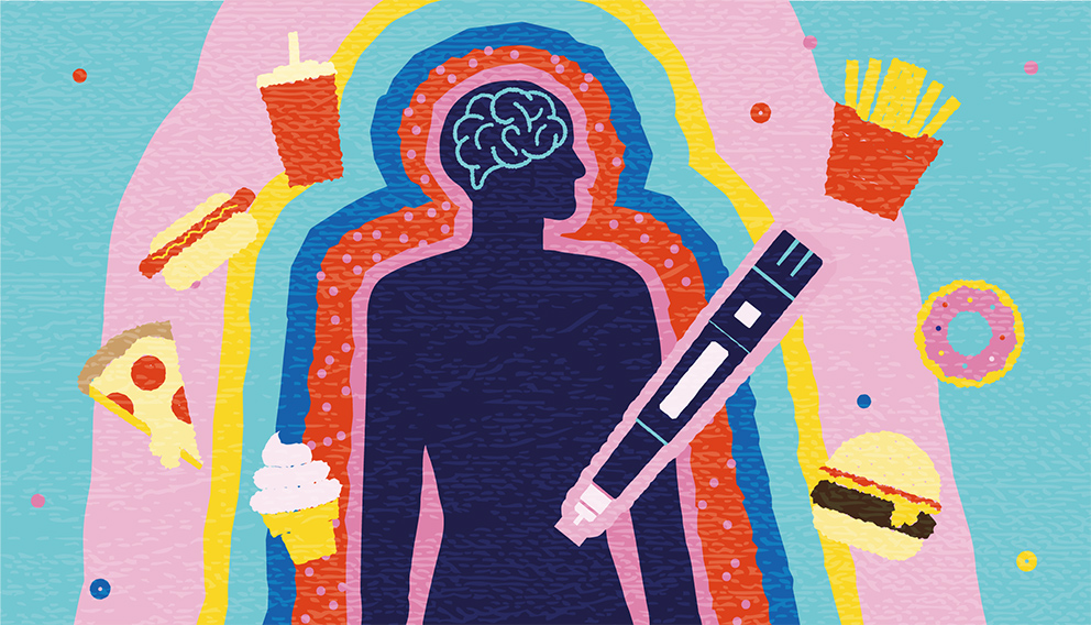 Illustration einer Person mit vielen comichaft gestalteten Lebensmitteln