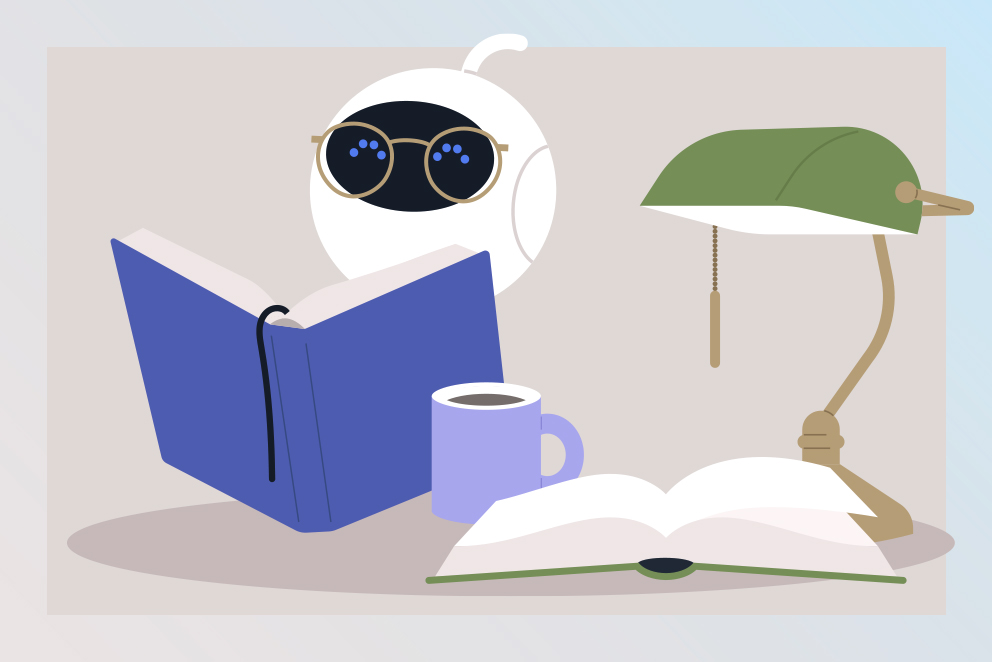 Getty Images/nadia_bormotova Illustration eines Roboters, der in ein Buch vertieft neben einer Leselampe sitzt als Symbolbild für KI-Weiterbildung