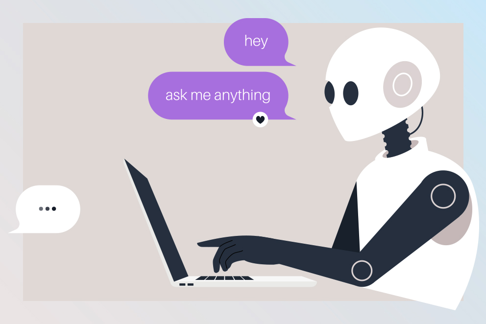 Getty Images/nadia_bormotova Illustration eines Roboters, der vor einem Laptop sitzt und in einen Chat schreibt als Symbolbild für KI-Wissensmanagement