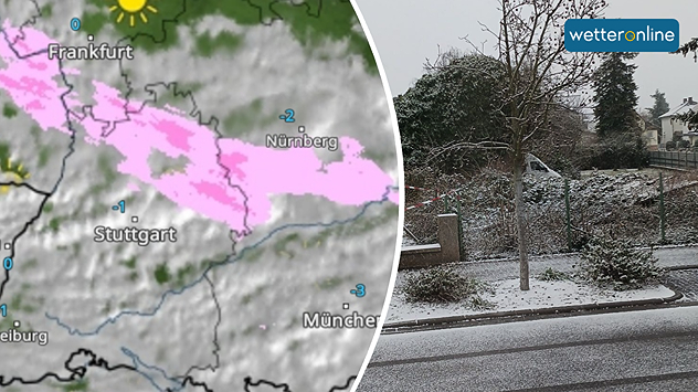 WetterRadar mit Schnee links, Foto von angezuckerter Straße rechts