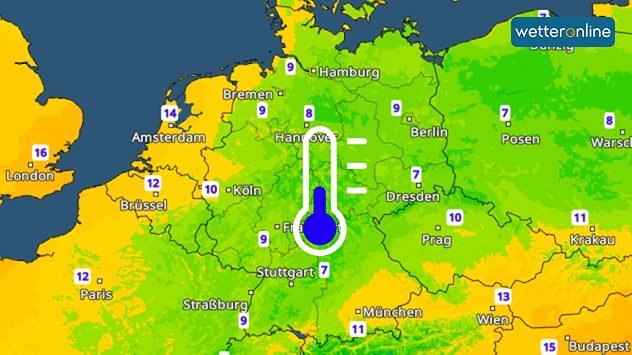 Temperaturkarte mit Tiefstwerten von meist 7 bis 10 Grad in Deutschland.