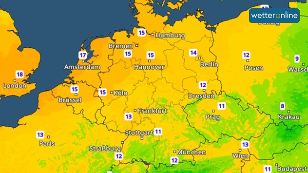 TemperaturRadar für Sonntag mit Höchstwerten zwischen 11 und 17 Grad in Deutschland.