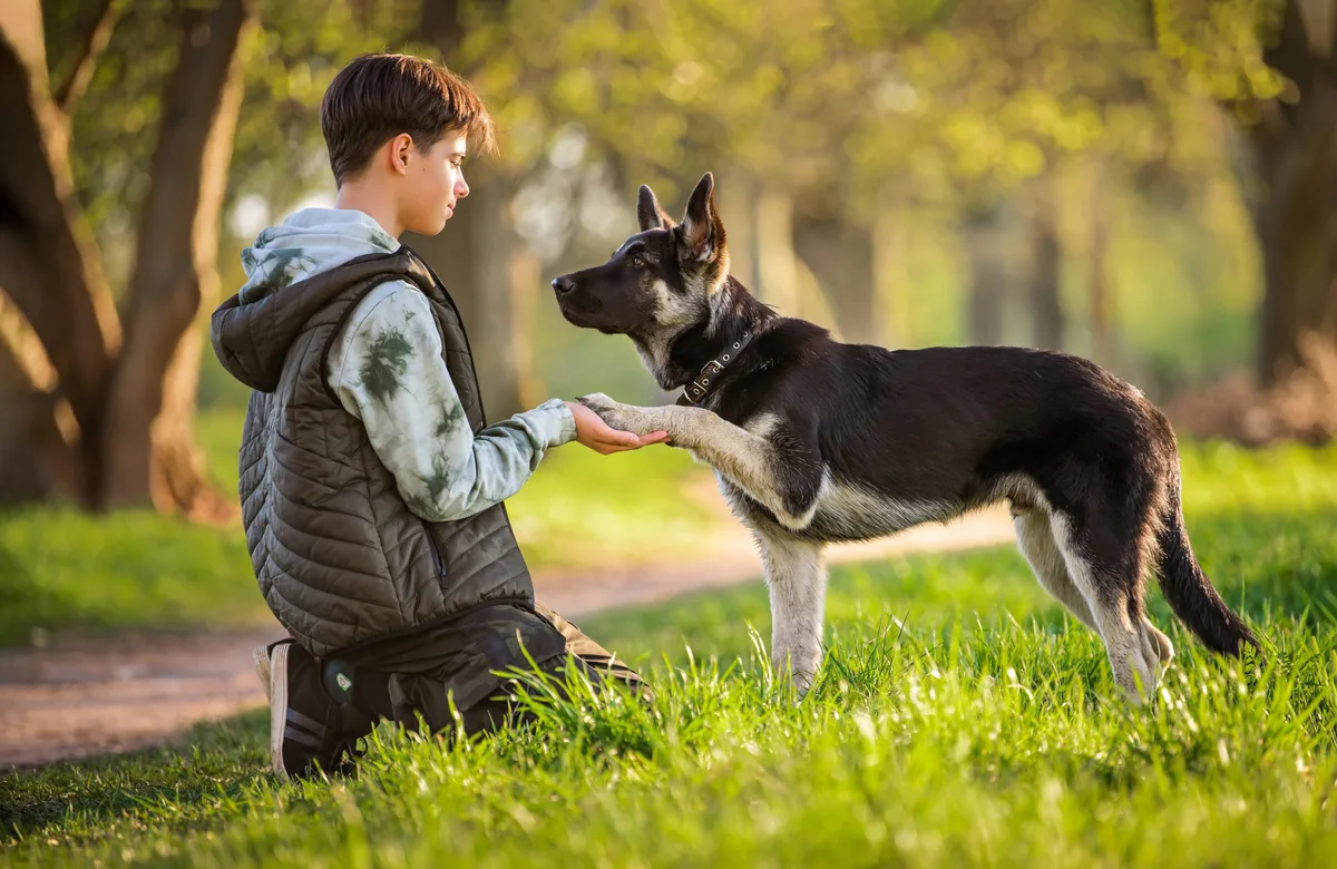 un garçon avec un chien se promène dans le parc par une soirée ensoleillée de printemps, s’assoit dans l’herbe, le chien obéit à l’ordre « donne la patte ». Amitié entre l’homme et l’animal, mode de vie sain. Les chiens aident les adolescents