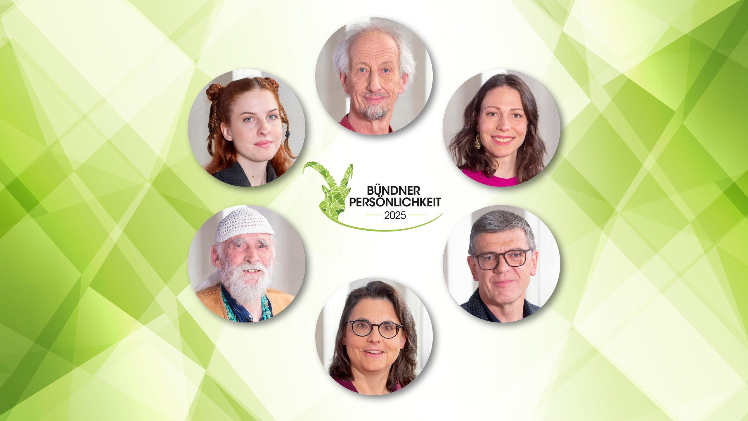 Nominiert: Othmar F. Arnold (oben), Ramona Casanova, Kurt Baumgartner, Karin Fuchs, Werner Erb, Gigi Malua (im Uhrzeigersinn).