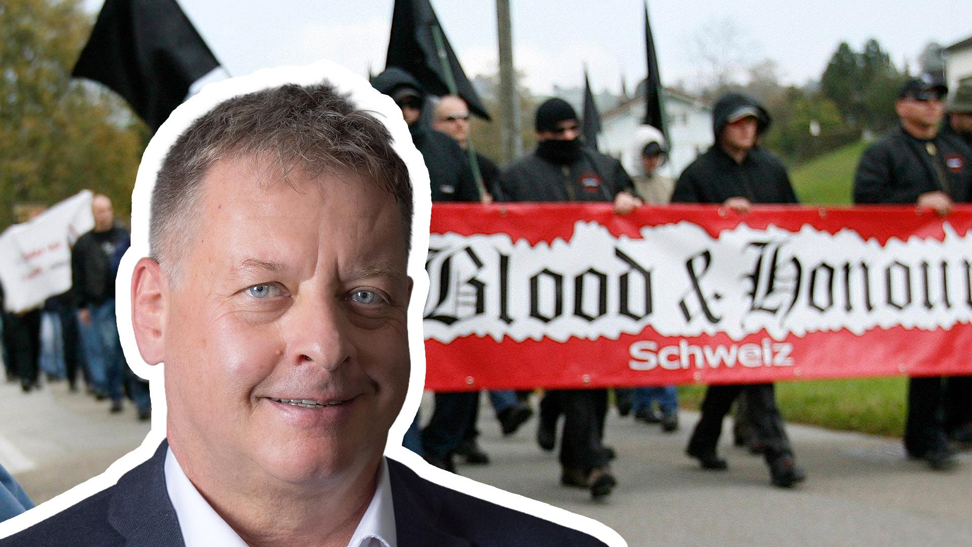 Der Thusner Grossrat Daniel Schläpfer (SP) wollte von der Regierung wissen, ob extremistische Veranstaltungen verboten werden können. Das Bild im Hintergrund zeigt Rechtsextremisten an einer Kundgebung in Appenzell im Oktober 2007.