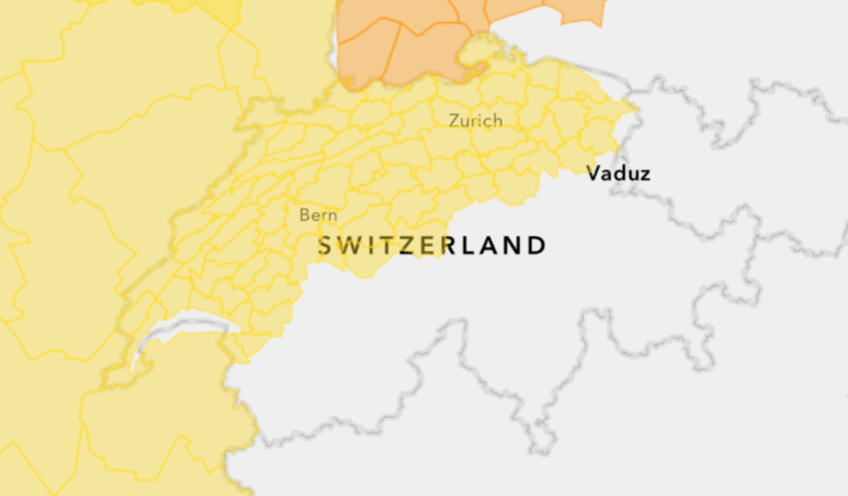 Für zahlreiche Schweizer Regionen gilt am Freitag eine gelbe Windwarnung. Die Karte zeigt, welche Gebiete betroffen sind