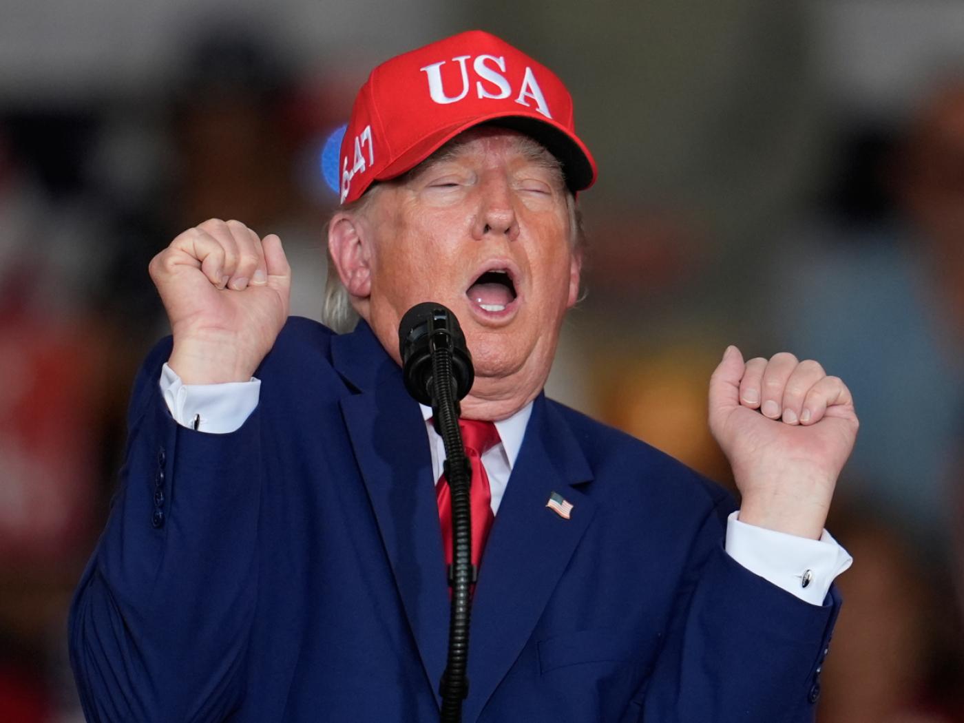 US-Präsident Donald Trump hält eine Rede bei einer Wahlkampfveranstaltung auf dem Dalton Municipal Airport. Foto: Mike Stewart/AP/dpa