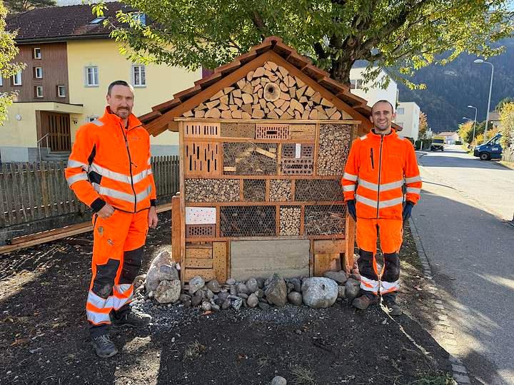 Neues Hotel in Domat/Ems: Mathias Walser und Christian Schiesser (von links) haben das Insektenhotel an der Via da Munt selber gebaut.