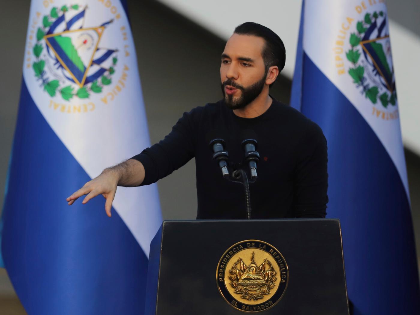 ARCHIV - El Salvadors Präsident Nayib Bukele hält eine Rede während der Einweihung eines industriellen Datenzentrums im Jahr 2024. Foto: Salvador Melendez/AP/dpa