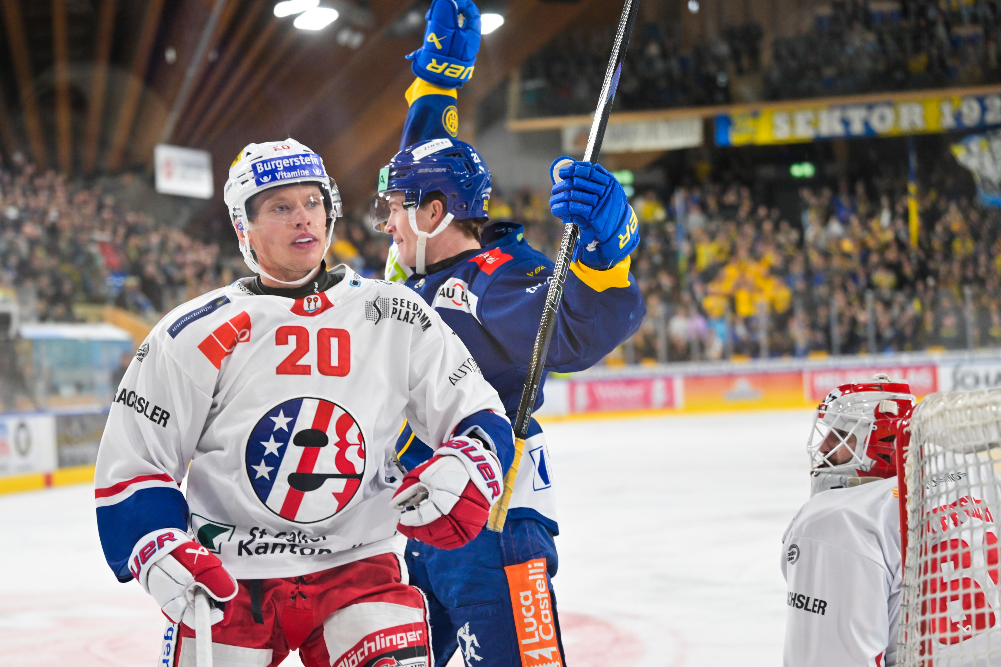Frust auf der einen Seite, Jubel auf der anderen: Die Lakers (links Verteidiger Lawrence Pilut, rechts Goalie Melvin Nyffeler) kassieren in Davos in der letzten Minute in Überzahl (!) den Ausgleich und verlieren später nach Penaltyschiessen. 