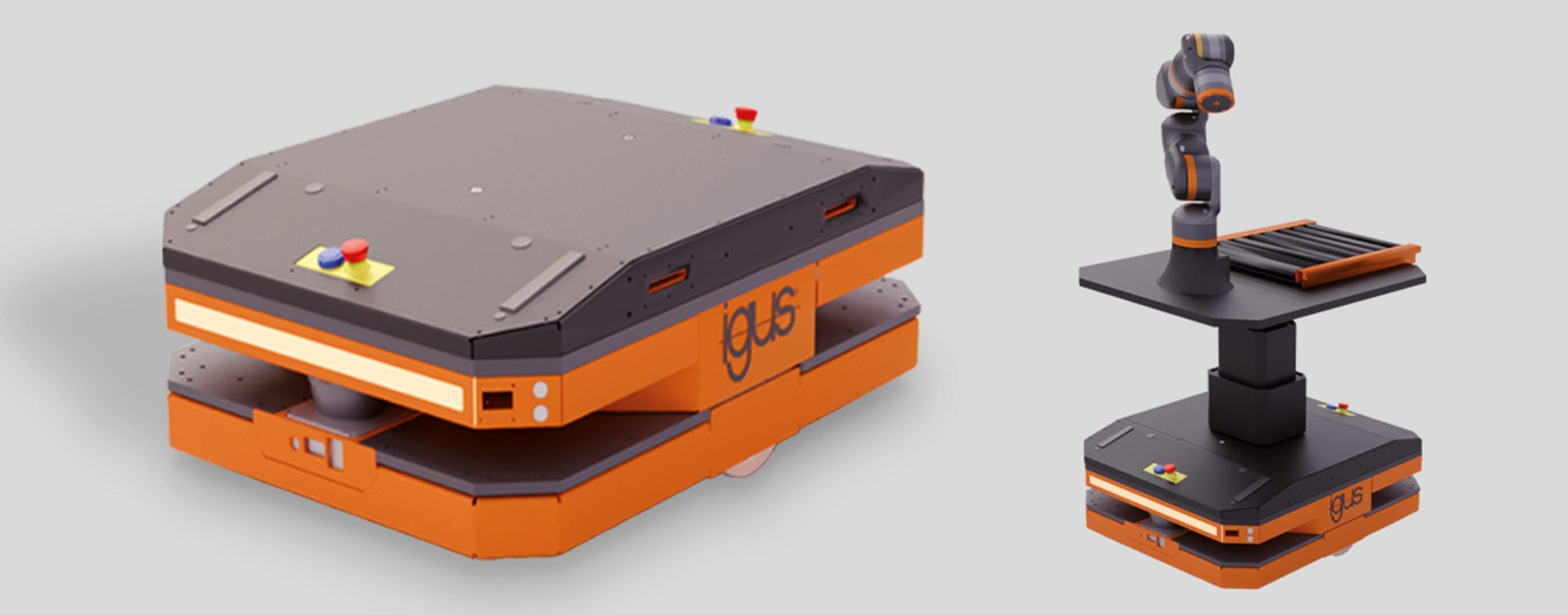 Zwei mobile Transportroboter, einer mit einem Cobot